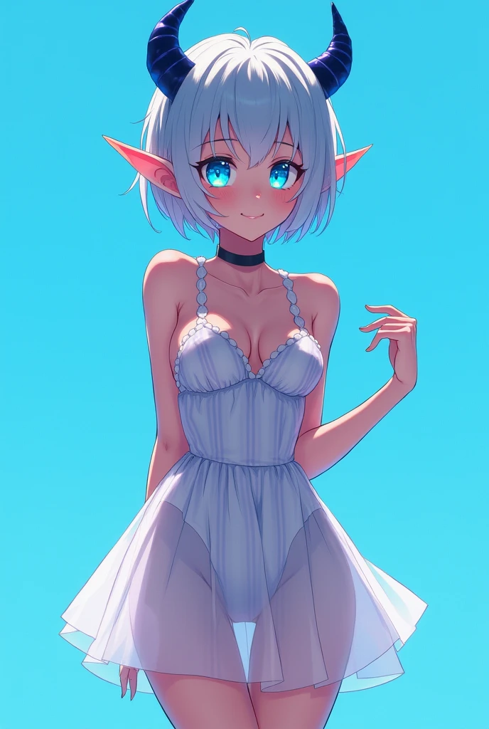 score_9, score_8_up, score_7_up,((best quality)), absurdnes, ((best quality)), CoquelinePXL, 1 femboy, feminine male, adult, 20 years old, black pupil, glowing blue iris, black sclera, blue skin, short peekaboo style hair((white outside, black inside)), pointy elf ears, bluish-black short demon horns, azure blue demon tail, mini skirt empire waist dress, mini skirt, translucent skirt, sleeveless, empire waist dress, turtle neck, solid sky blue background, solo, hand on waist, looking at viewer, big ass, no breast, flat chest, anime inspired art, lewd, nsfw, seductive smile