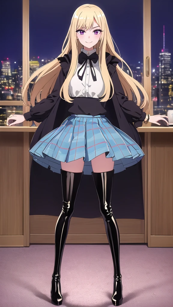 1 girl, solo, an extremely beautiful frame, great view, detailing, HD frame, (( ultra quality )) , A beautiful girl, patent leather boots, 
blonde hair, shiny figure, Pink eyes, manicure, full length, plaid skirt, I am hooded, bracelets, black thigh-high boots, heels, room, night, lamps are on, nice smile, long hair, Thin legs, 8k, 
aesthetics of privacy, clear frame, Looking at the viewer, (( drawing many details )) , take into account all the shortcomings, 