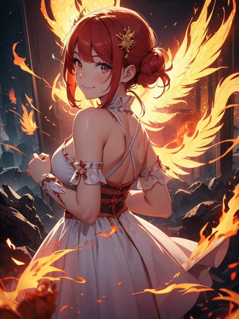 (((best quality, sharp image, clear image, cinematic lighting, 8k resolution, masterpiece, ultra detailed, intricate))) Girl, (((looking over left shoulder))), (shot from behind), ((shot from hip up)), fiery red hair, pigtails, ((white dress)), ((flaming sigils, flaming runes)), spiky rock formations, (flaming lotus flowers frame), (intricate background), ((Phoenix)), (swirling flames), smiling