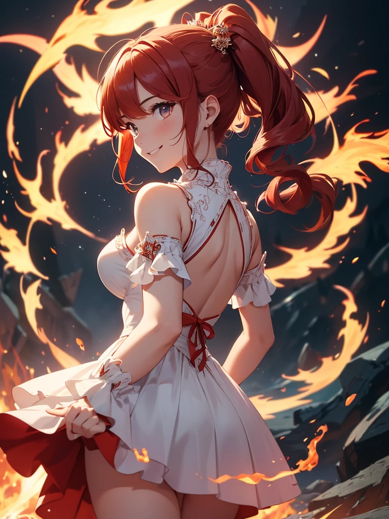 (((best quality, sharp image, clear image, cinematic lighting, 8k resolution, masterpiece, ultra detailed, intricate))) Girl, (((looking over left shoulder))), (shot from behind), ((shot from hip up)), fiery red hair, pigtails, ((white dress)), ((flaming sigils, flaming runes)), spiky rock formations, (flaming lotus flowers frame), (intricate background), ((Phoenix)), (swirling flames), smiling