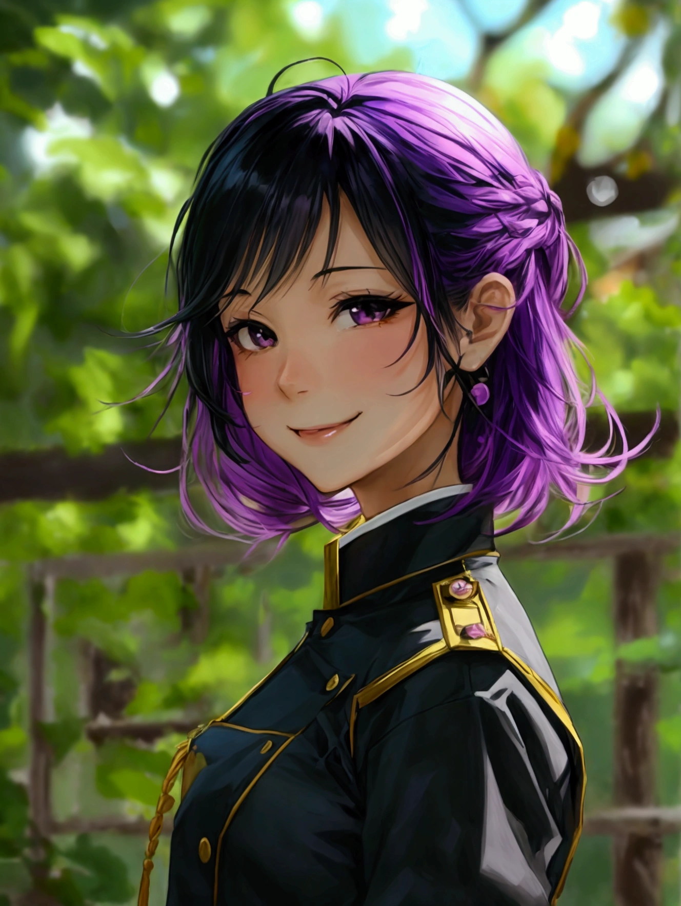 Anime, cute girl with black eyes, purple hair, smiling, wearing black Japanese uniform, garden image background