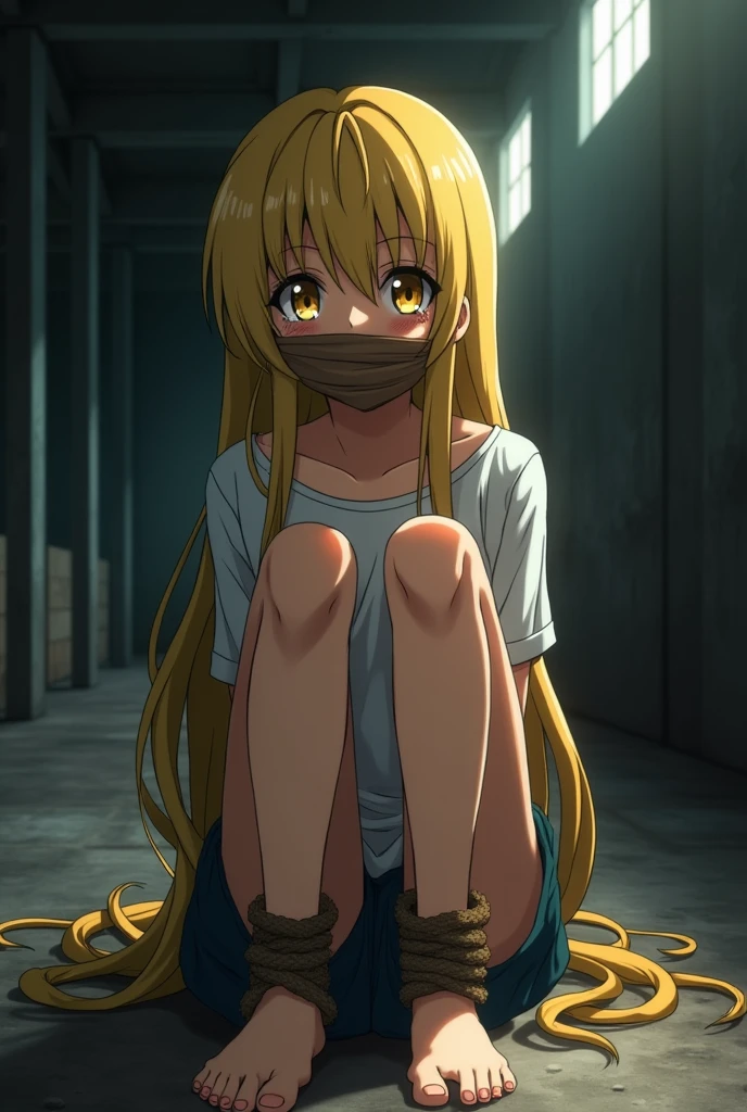 ((An anime girl with long yellow hair, a sad expression, and flushed cheeks. Her mouth is covered with a brown band tied straight around it. Her hands are tied behind her back with a rope, and she is sitting on her knees with her legs bound together. She has been kidnapped.