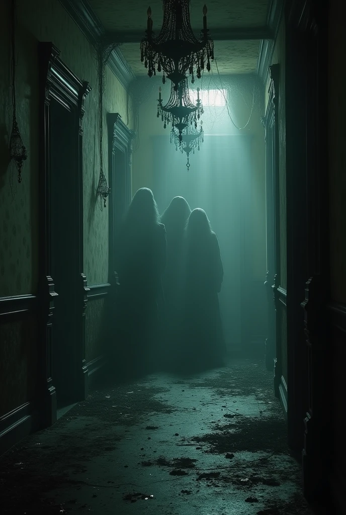 
Image of dark, shadowy figures or shapes with mysterious, faint sounds echoing through an old mansion.