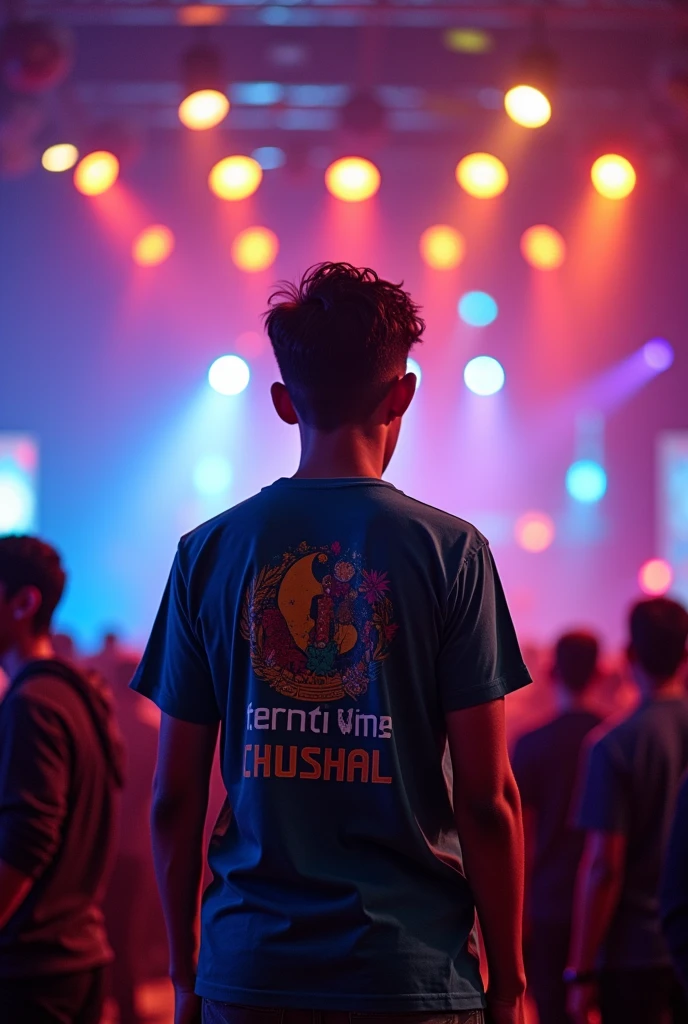 Here's a prompt you can use to create the image:

---

Create an image of a 19-year-old boy weighing 50kg, seen from behind. He is wearing a t-shirt with "IITG" and the name "Khushal" on it, along with an image of a candelsteak pattern . The setting is backstage at a vibrant function called "Techniche," with the event name prominently displayed on a large horizontal beam. The scene captures the excitement and energy of the event. 
