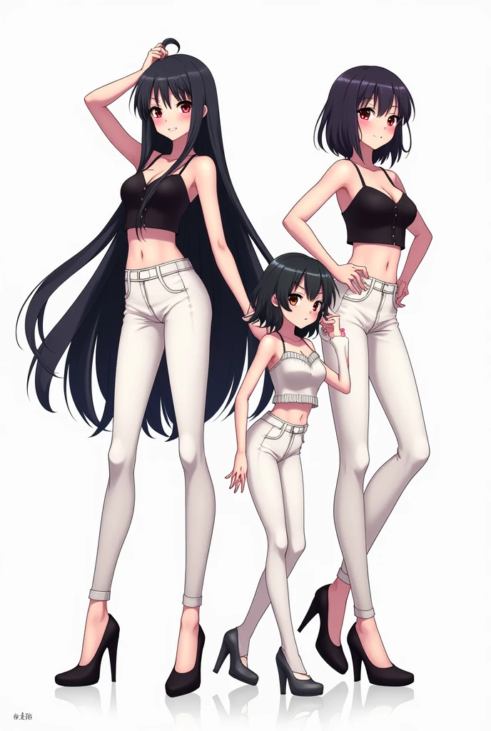 4 anime girls, standing and facing forward, separated from each other, different poses, The 4 have different heights, I wear high heels with white leggings and no shirt., long and short black hair. very detailed, a lot of makeup, stylized figures, detailed skin colors, the background is white. high quality.