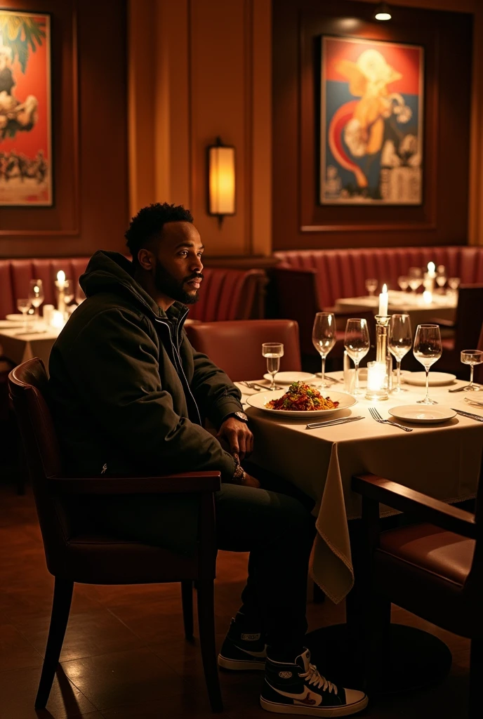 Below, a rapper having dinner at a restaurant alone 