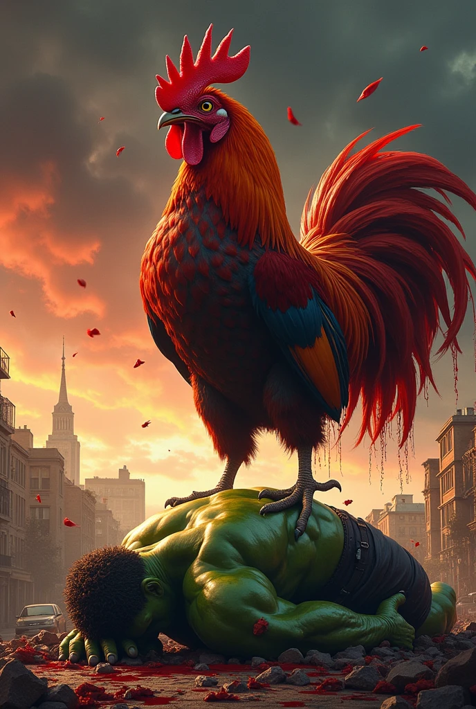 Rooster killing Hulk with blood 
