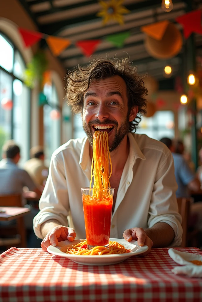 Man eating spaghetti out of a glass as if it were water 