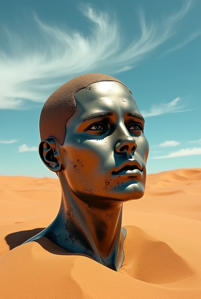 I want an image of a sad abandoned metal male head. , deteriorated and buried in the sand in the desert
