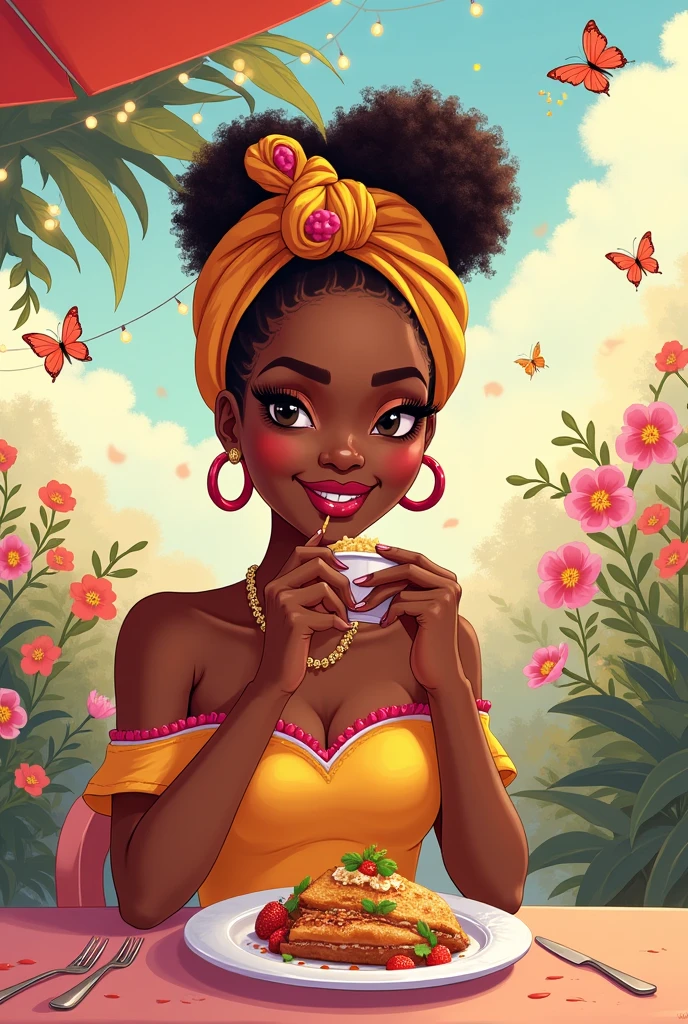 2d A African cute woman fashion model eating 
