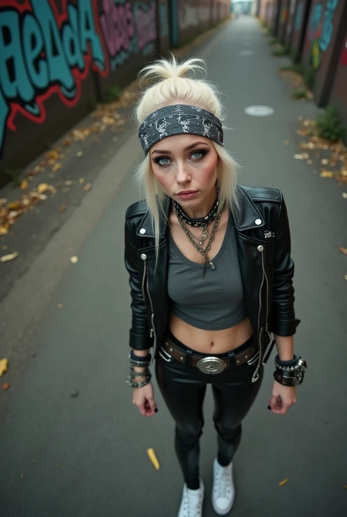 russian milf woman, biker gang member, platinum blonde hair with grey bandana headband, with very light blue eyes, extremely pale, heavy eye shadows. Sad face, smeared make up, runny mascara. Wearing black moto jacket, cropped rock band grey t-shirt, leather skinny jeans and white tennis sneakers  . Lots of metallic bracelets and chain and pearl collars. Tacky leather belt with oversized, excessive silver buckle. Hands in pockets Wide loop earrings. Looks amazed to the camera: big eyes, open mouth, No hdr effect 
