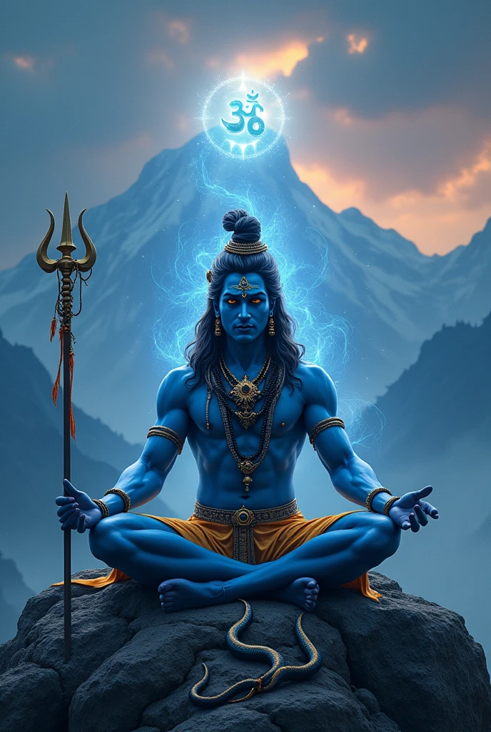 a man (fit big body ,blue body, head's eye,goddess cloth , background big om latter  lite,near stand trident, background om latter)sitting on mountain flight  shiva, lord shiva, god shiva the destroyer, hinduism, hindu gods, neck around snake , devainart, by Max Dauthendey, shakti, beautiful depiction, goddess art, inspired by Kailash Chandra Meher, hindu art, hindu god, nirvana, vish ,devi Parvati and bhagavan shiv shankar (hindu)
,dark  maditation  position 

