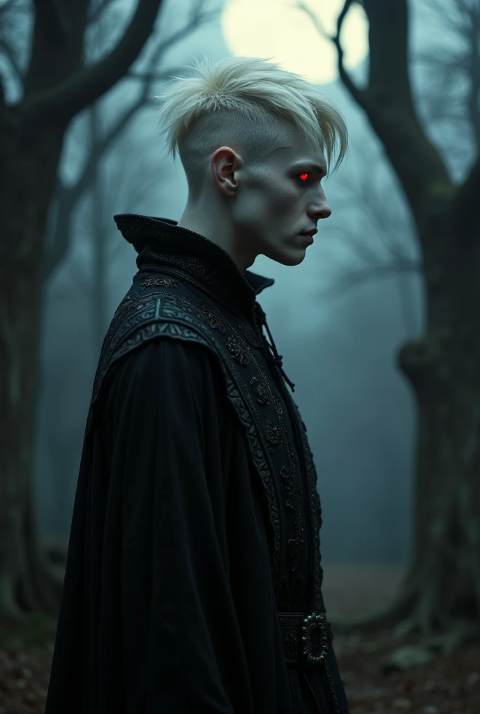 Profile of an albino demon, pale translucent skin, short platinum blonde hair, Red eyes, the sclera of your eye is black, is man, wear black clothes, His ear is normal.