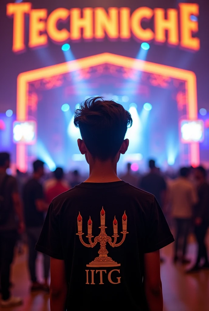 Here's a prompt you can use to create the image:
---
Create an image of a 19-year-old boy weighing 50kg, seen from behind. He is wearing a t-shirt with "IITG" and the name "Khushal" on it, along with an image of a candelsteak pattern . The setting is backstage at a vibrant function called "Techniche," with the event name prominently displayed on a large horizontal beam. The scene captures the excitement and energy of the event.