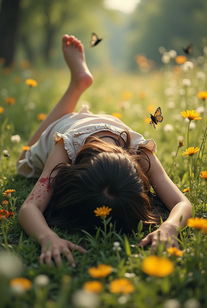 Girl lying on the ground face down, injured