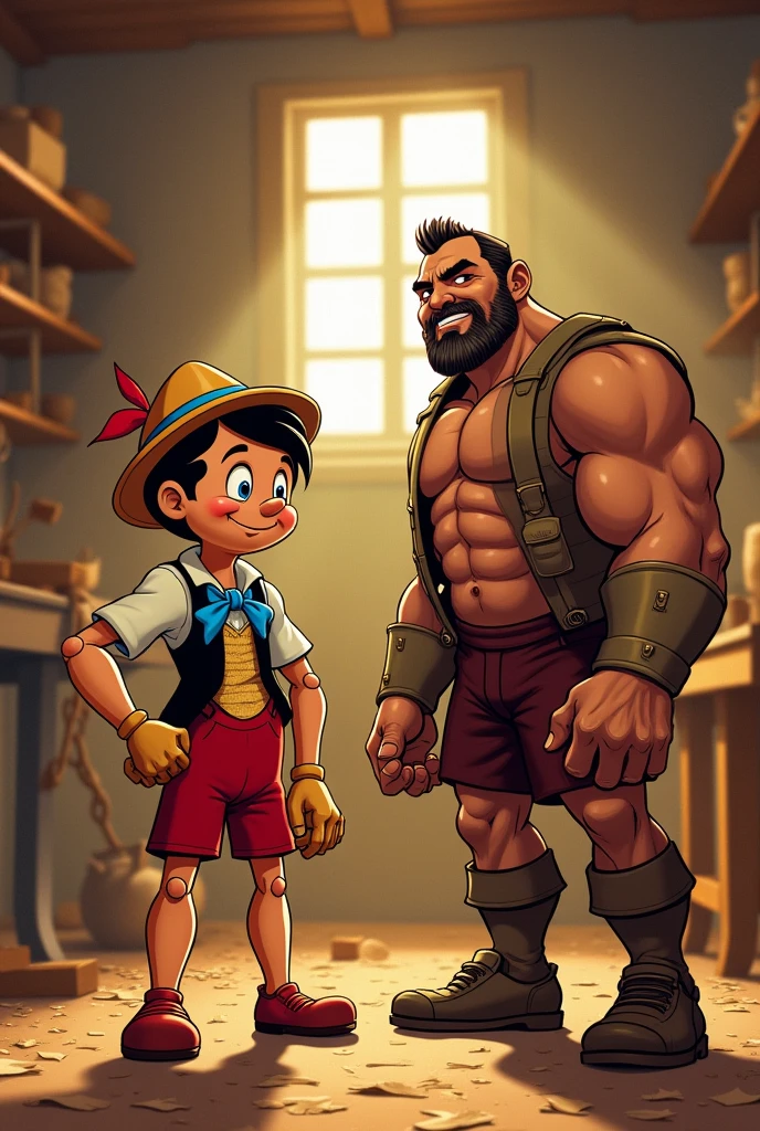 Muscular Pinocchio, much more so, and Gepetto is also muscular