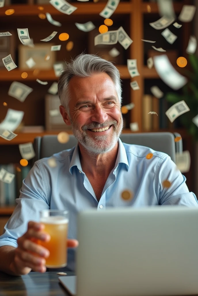 um homem,sorridente,relaxante,goodlooking,meia-idade,Sentado na frente do PC,Lots of coins and bills are falling like rain behind him,Holding the glass in my hand,Muito wad、imagem brilhante、Clear facial expressions
