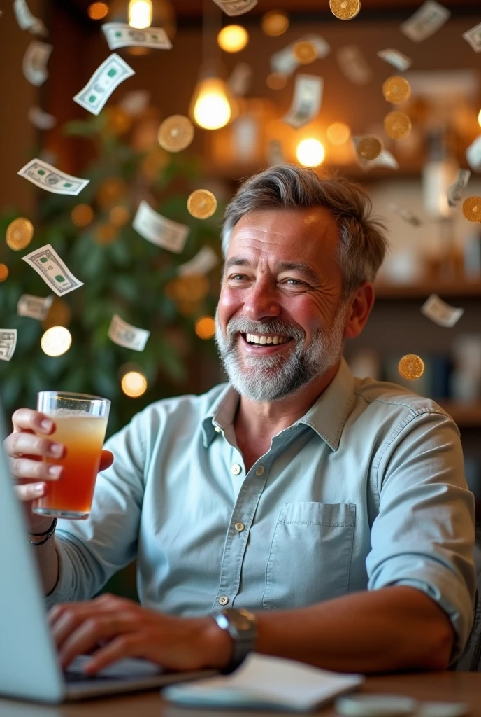 um homem,sorridente,relaxante,goodlooking,meia-idade,Sentado na frente do PC,Lots of coins and bills are falling like rain behind him,Holding the glass in my hand,Muito wad、imagem brilhante、Clear facial expressions
