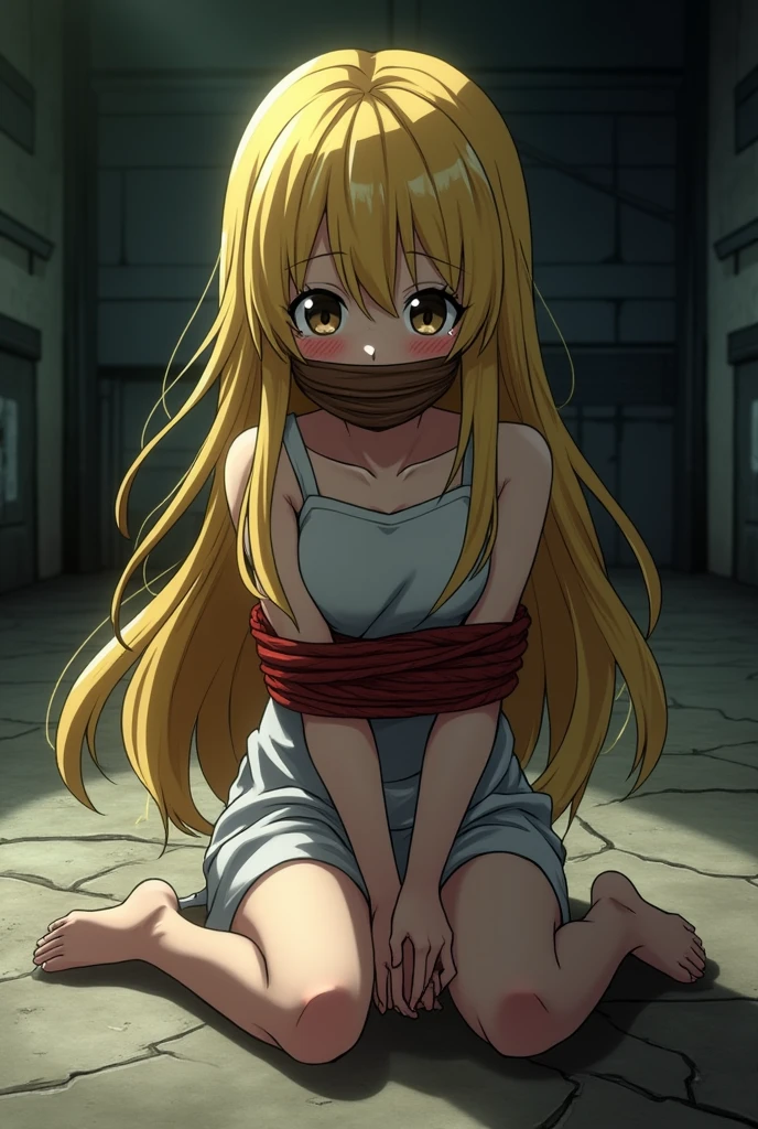 ((An anime girl with long yellow hair, sad and with red cheeks, her mouth wrapped in a brown band, her hands tied behind her with a rope, her chest tied with a long red rope, sitting on her knees, kidnapped.