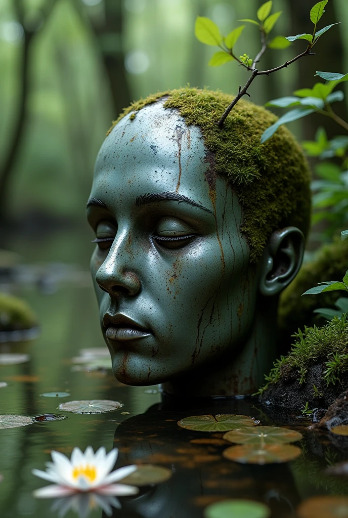 I want an image of a sad abandoned metal male head. , deteriorated and buried in the water in the forest
