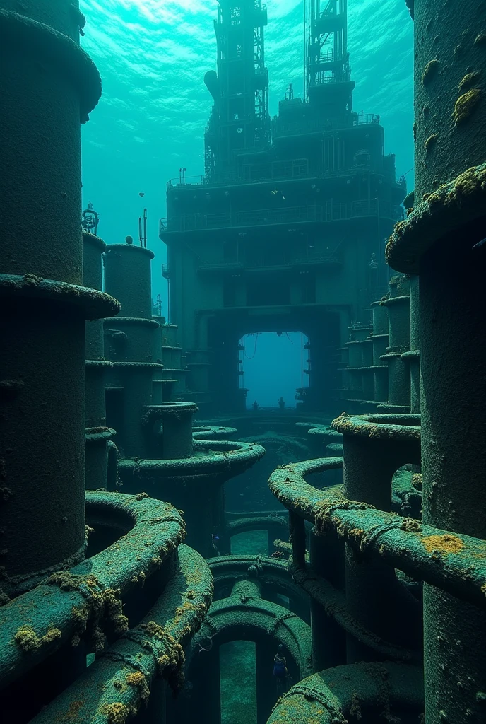 paths below an oil rig in the sea