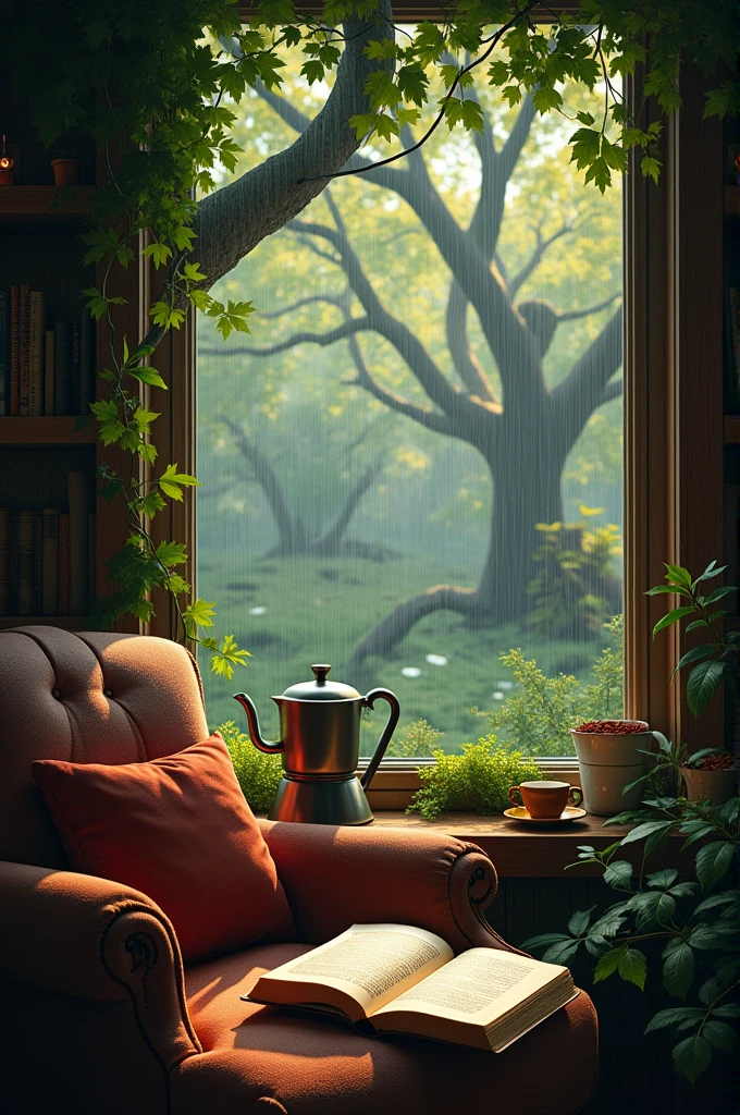 " Give me a quiet life, one where I can hear the trees rustling in the wind, raindrops on the window, pages of a book being turned and coffee being brewed 🥰🌳🌧️☕📖. "