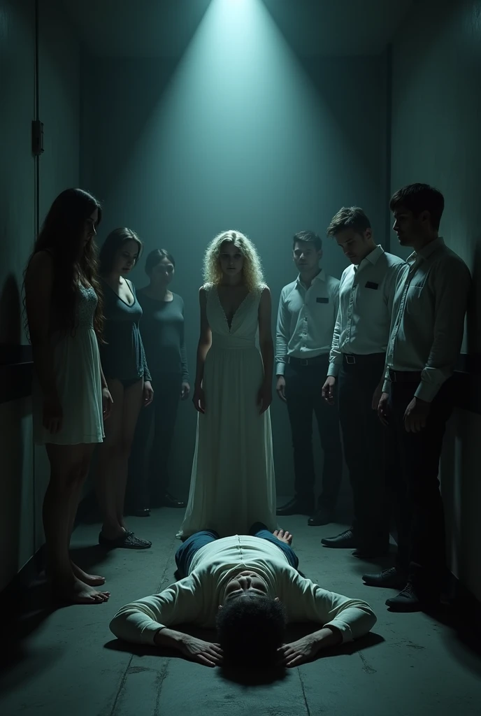 (photorealism:1.2 Dark corridor, light at the end. In the center are six people, three women and three men. The dead body of a 50-year-old man is lying on the floor, only the head and a bit of the body are visible. It is important that there are 6 people in the middle and a dead man in the foreground. One of the girls must be wearing a dress. IMPORTANT: There are a total of 7 people in the composition, one dead body and 6 people standing over the dead body