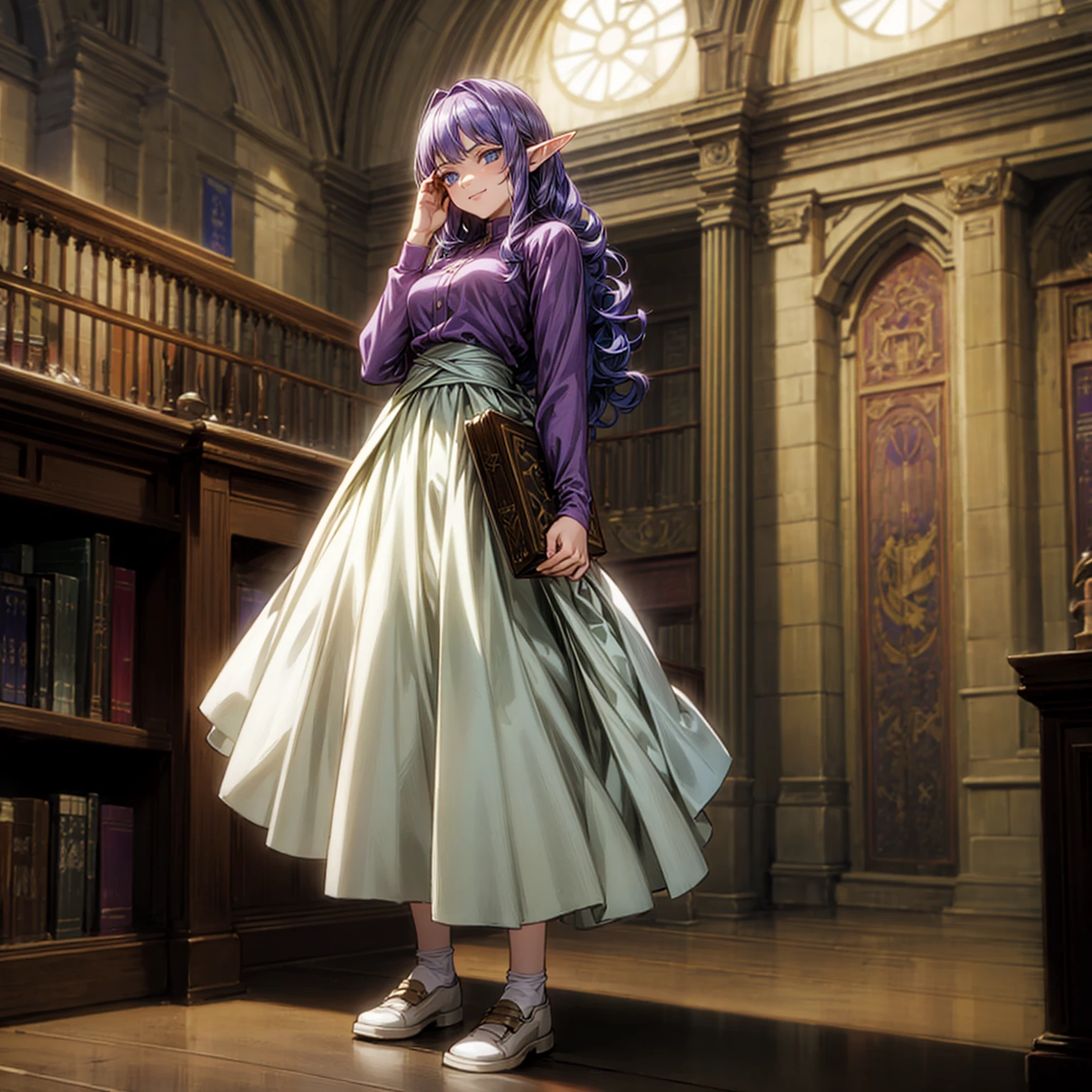 Solo character, full body version, young girl, (elf), blue eyes, purple color hair, long Curly haircut, His hair covered his eyes, long shirt, white long skirt, shoes, indoor, library, town, medieval, detailed background, detailed clothing, detailed hair, standing gesture, smile mouth, book in hand, medium breast, (one piece style art, Hunter x Hunter style art), 