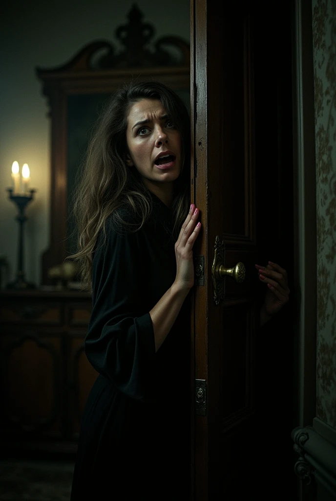 Image of a woman hurriedly closing a door in a dimly lit room, looking scared