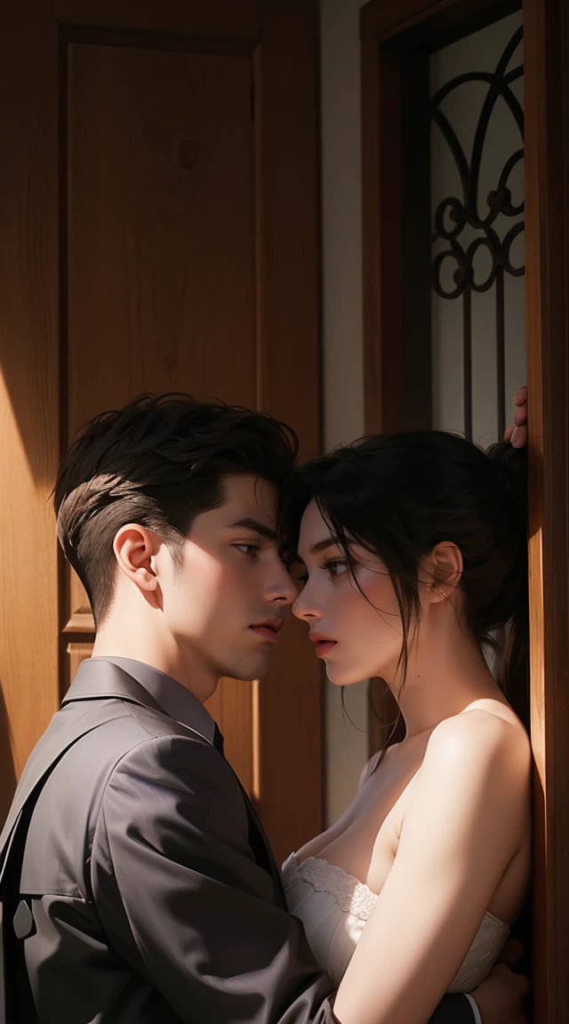  Women&#39;s Appearance Daniel, Woman with long hair,Brown Hair,Purple eyes, dress, Muscular man, suit, Trained, Males are taller than females, City in the background seen from the window、The woman and the man are facing each other、They are about to hug