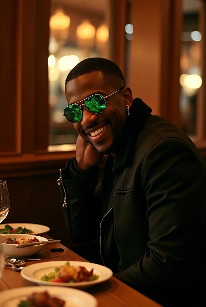 Below, a smiling rapper in a black jacket and green lenses having dinner alone in a restaurant 