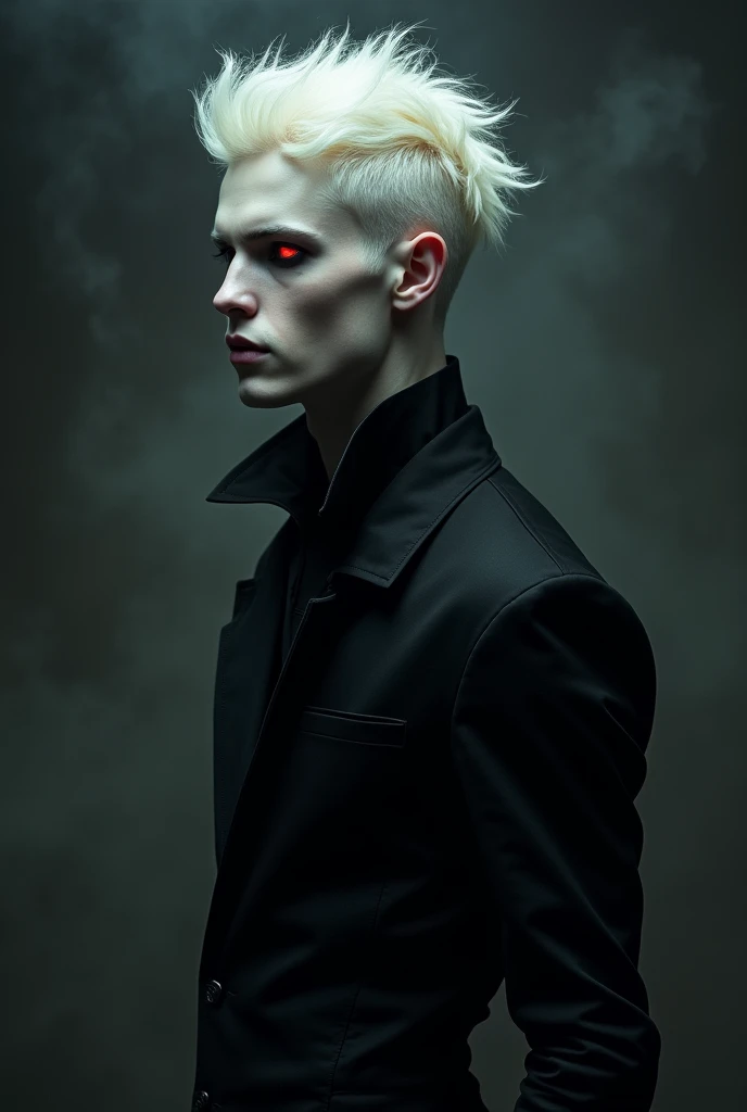 Profile of an albino demon, pale translucent skin, short platinum blonde hair, Red eyes, the sclera of your eye is black, is man, wear black clothes, His ear is normal., Leave him dark