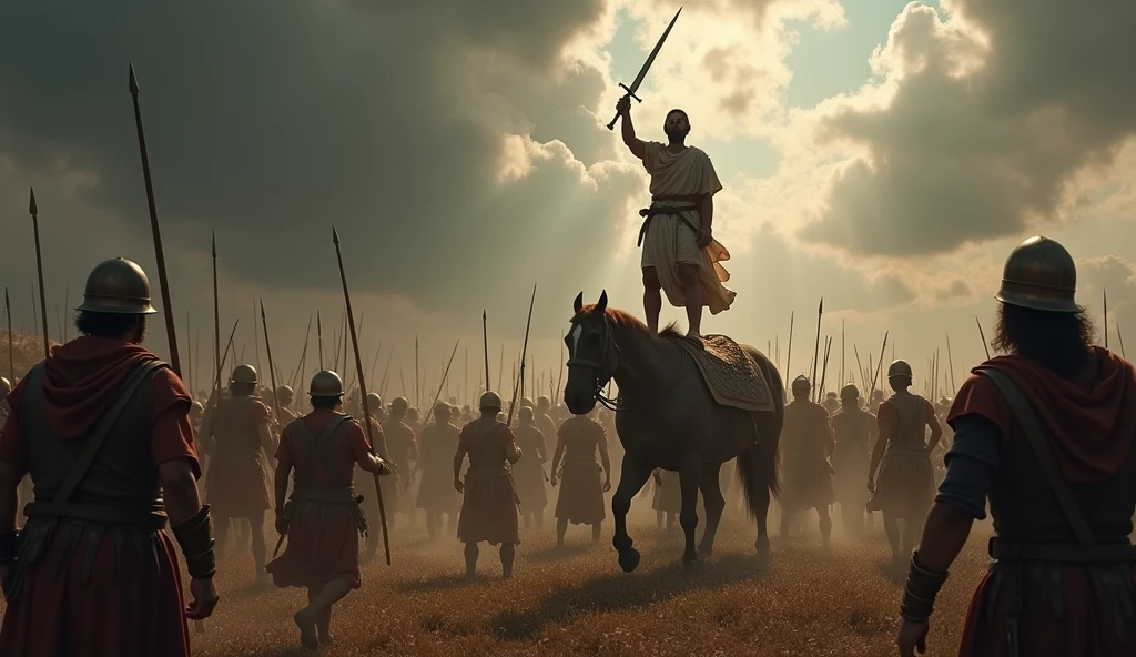 war between Israel and the Philistines, nos tempos biblicos, with dark clouds, and tension, Goliath warrior 3 meters tall, Fallen to the ground, all warriors looking, David, 20 years old, on the back of Goliath, with sword raised