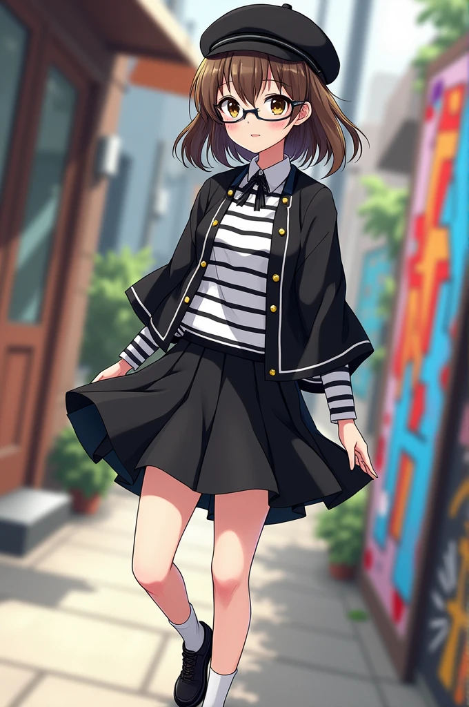 black beret anime girl, Brown eyes, White skin, black glasses, black and white poncho, black and white striped shirt, black skirt, white socks, school shoes 