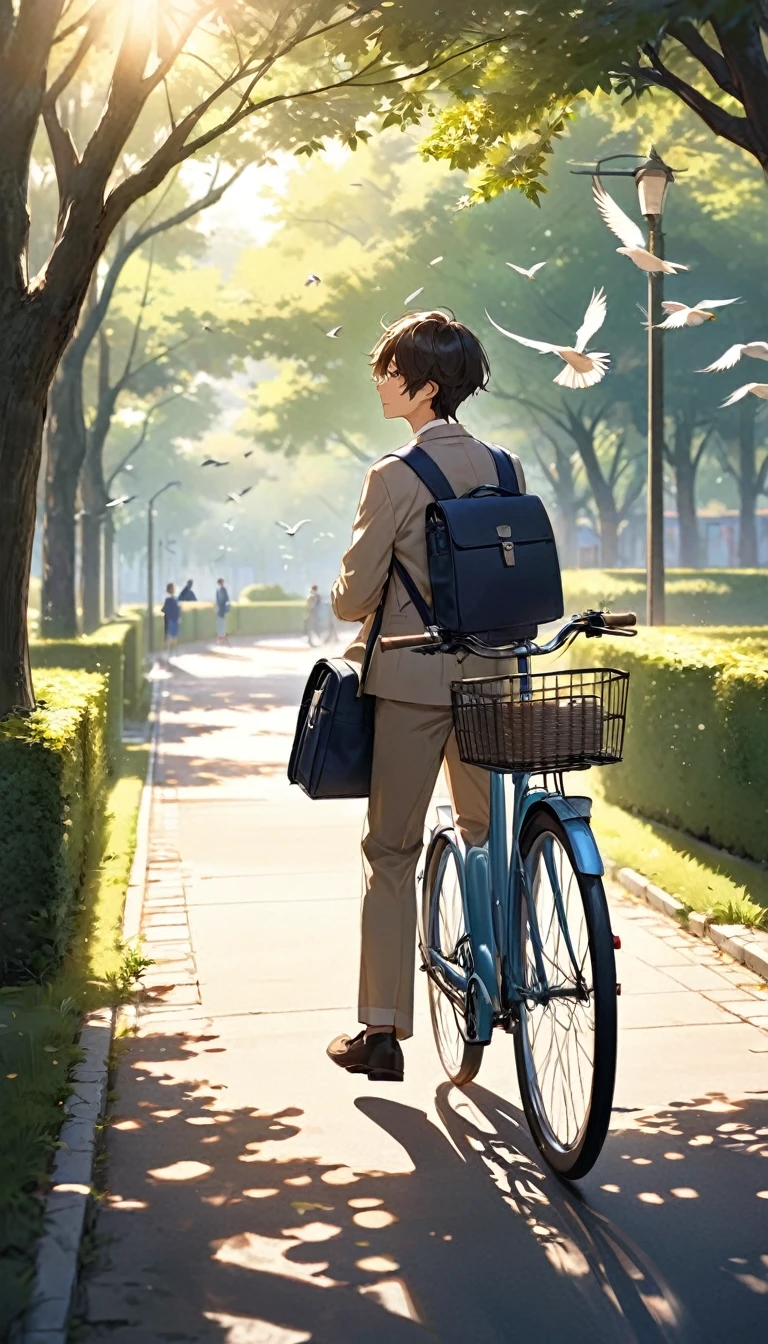 A handsome boy is riding a bicycle on his way home from school。He is wearing a neat school uniform,Carrying a schoolbag,Bask in the warm afternoon sunshine。His side profile highlights his handsome face,The surrounding residential environment is also clearly visible,Fences and spindle trees create a tranquil atmosphere。The birds flying in the distance add to the vitality。The whole photo has a super-realistic quality,Sharp details,Elegant depth of field,Perfectly capturing the tranquility and movement of this moment。This photo is a masterpiece。