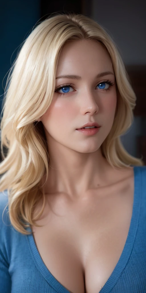 Elegant mature female, blue eyes, blonde hair, soft light, 4k resolution, high quality, beautiful cg