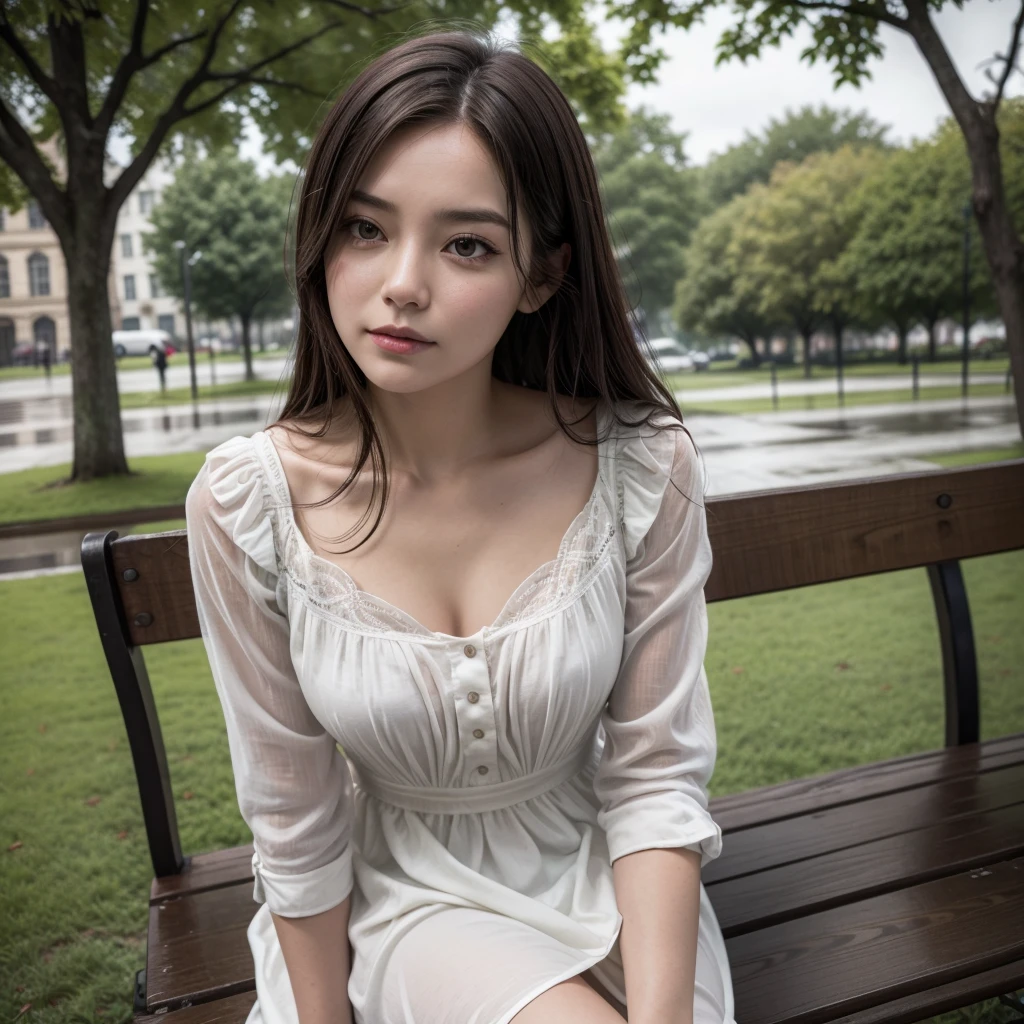 Woman sitting on a park bench on a rainy day looking up, in a dress without a neckline