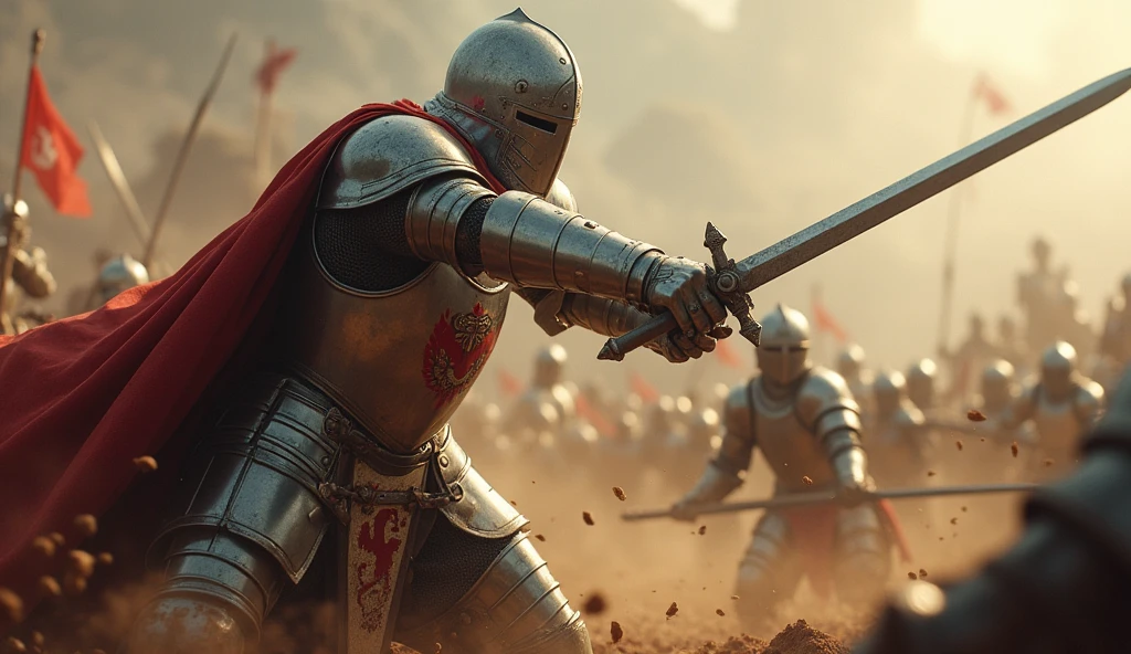 A highly realistic, high-contrast, 8K HD, detailed, hyper-detailed image of a medieval knight swinging his sword with powerful force, striking down an enemy on the battlefield. The knight, clad in steel armor with a lion emblem on his tunic and helmet fully covering his face, delivers a decisive blow, his sword cutting through the air with precision. The scene captures the intensity of the moment, as the enemy falls before the knight's skill and strength. The atmosphere is charged with the energy of battle, with the surrounding environment reflecting the chaos and struggle of combat. The image is of the highest quality, with ultra-high resolution, RAW photo quality, and Unreal Engine rendering, showcasing the knight's prowess and determination as he triumphs over his foe, the lion emblem standing out proudly on his armor.