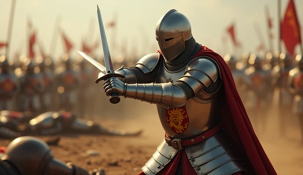 A highly realistic, high-contrast, 8K HD, detailed, hyper-detailed image of a medieval knight swinging his sword with powerful force, striking down an enemy on the battlefield. The knight, clad in steel armor with a lion emblem on his tunic and helmet fully covering his face, delivers a decisive blow, his sword cutting through the air with precision. The scene captures the intensity of the moment, as the enemy falls before the knight's skill and strength. The atmosphere is charged with the energy of battle, with the surrounding environment reflecting the chaos and struggle of combat. The image is of the highest quality, with ultra-high resolution, RAW photo quality, and Unreal Engine rendering, showcasing the knight's prowess and determination as he triumphs over his foe, the lion emblem standing out proudly on his armor.