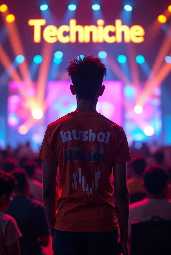 Here's a prompt you can use to create the image:

---

Create an image of a 19-year-old boy weighing 50kg, seen from behind. He is wearing a t-shirt with "IITG" and the name "Khushal" on it, along with an image of a candel steak pattern share market . The setting is backstage at a vibrant function called "Techniche," with the event name prominently displayed on a large horizontal beam. The scene captures the excitement and energy of the event. 
