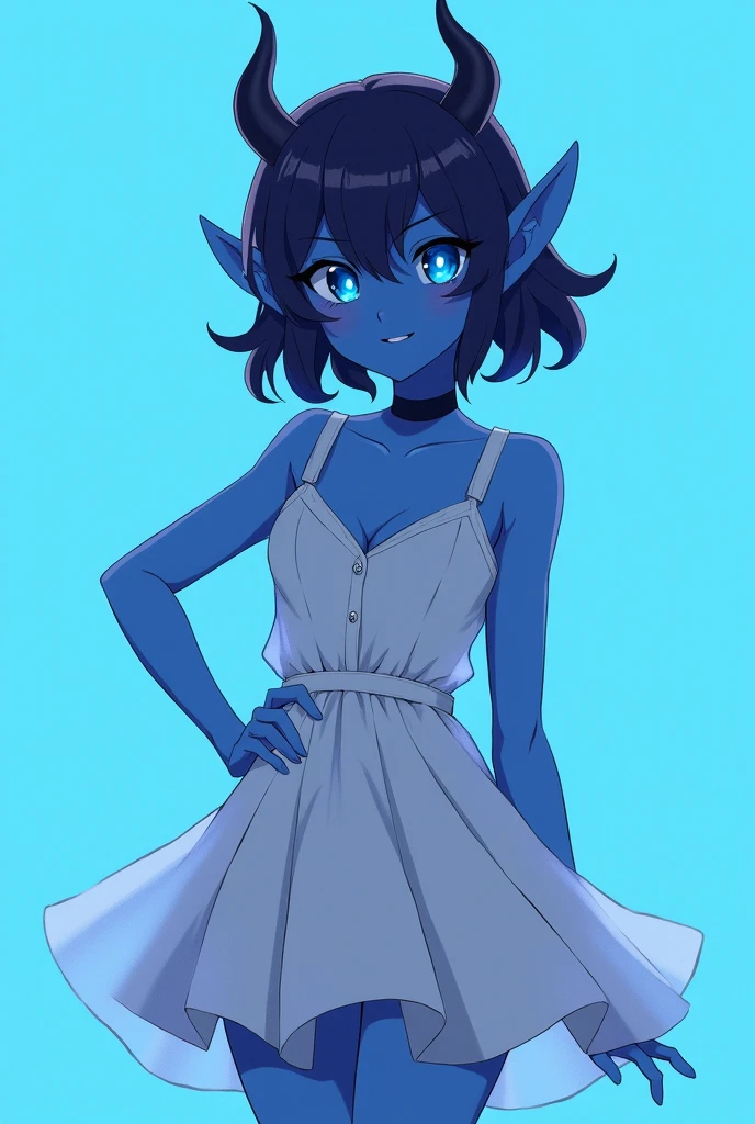score_9, score_8_up, score_7_up,((best quality)), absurdnes, ((best quality)), CoquelinePXL, 1 femboy, feminine male, adult, 20 years old, black pupil, glowing blue iris, black sclera, blue skin, short peekaboo style hair((white outside, black inside)), pointy elf ears, bluish-black short demon horns, azure blue demon tail, mini skirt empire waist dress, mini skirt, translucent skirt, sleeveless, empire waist dress, turtle neck, solid sky blue background, solo, hand on waist, looking at viewer, big ass, small breast, flat chest, no cleavage, anime inspired art, lewd, nsfw, seductive smile