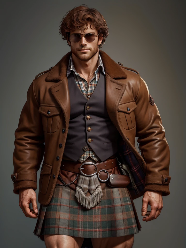 Scotsman standing, curly-reddish-brown hair. wearing traditional Scottish Highland attire, dark brown jacket with silver buttons, a brown leather belt, plaid kilt in shades of brown and gray. 1780 era, handsome, square jaw