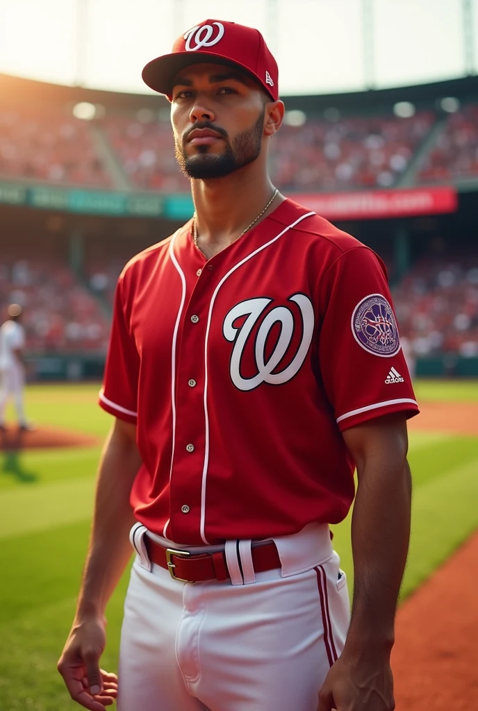 (photorealism: 1.2), a uniform for a baseball team that is beautiful and that has red with stripes as its main color, and a special logo that draws attention and impacts.