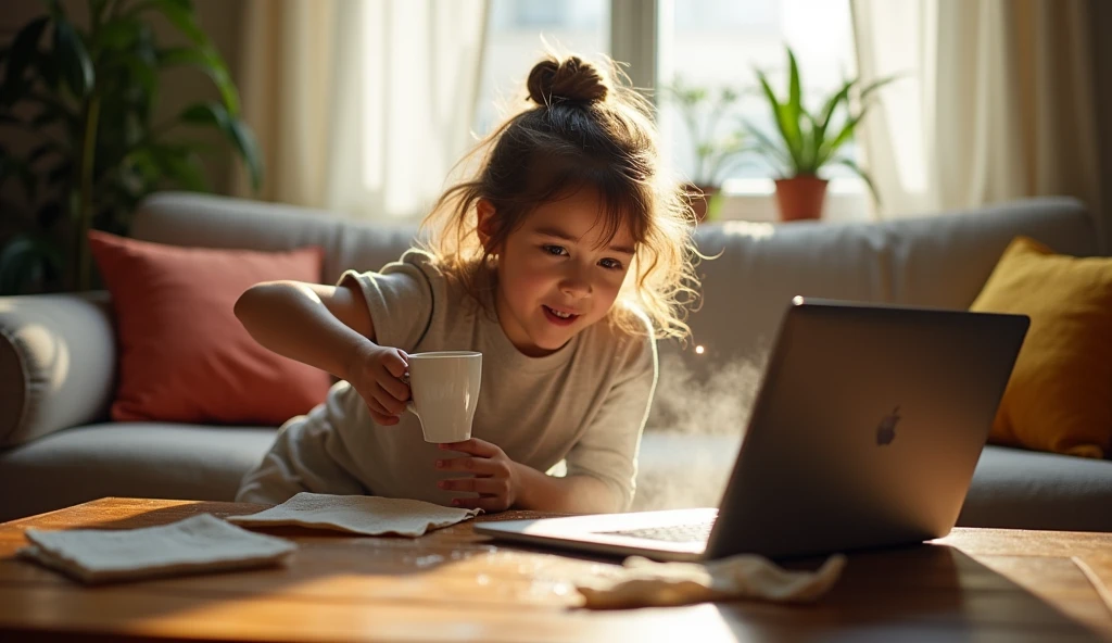 apartment, A girl spills a cup of tea on her laptop.