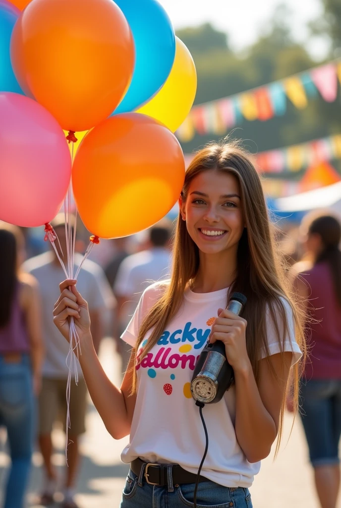 Create a beautiful young lady with long straight hair and brown eyes. In one hand she will have balloons and in the other an electric inflator. The young lady will have a shirt that says Jacky Balloons.