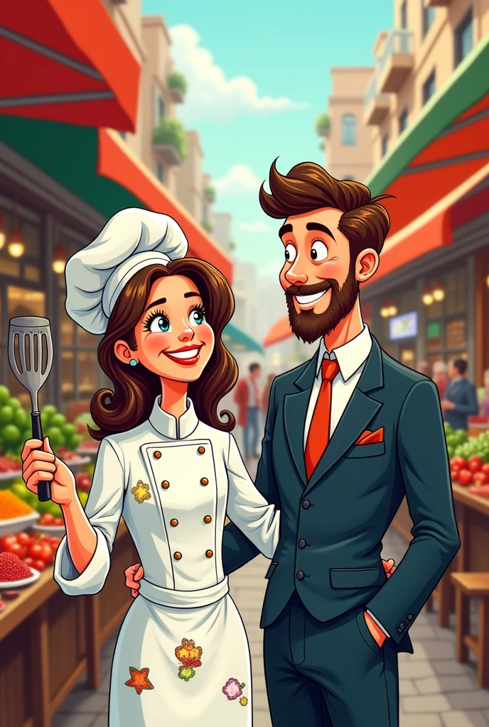 Cartoon background for sharing a woman chef and a businessman couple