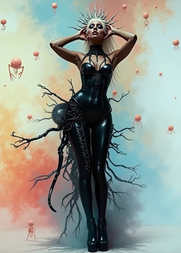 Lovecraftian Lady gaga, sexy cyborg body part, magazine cover, poster art , Lovecraftian creative creatures, hint of vibrant, bold huge text, matted design layout. technological elements, cosmic dread, noise background