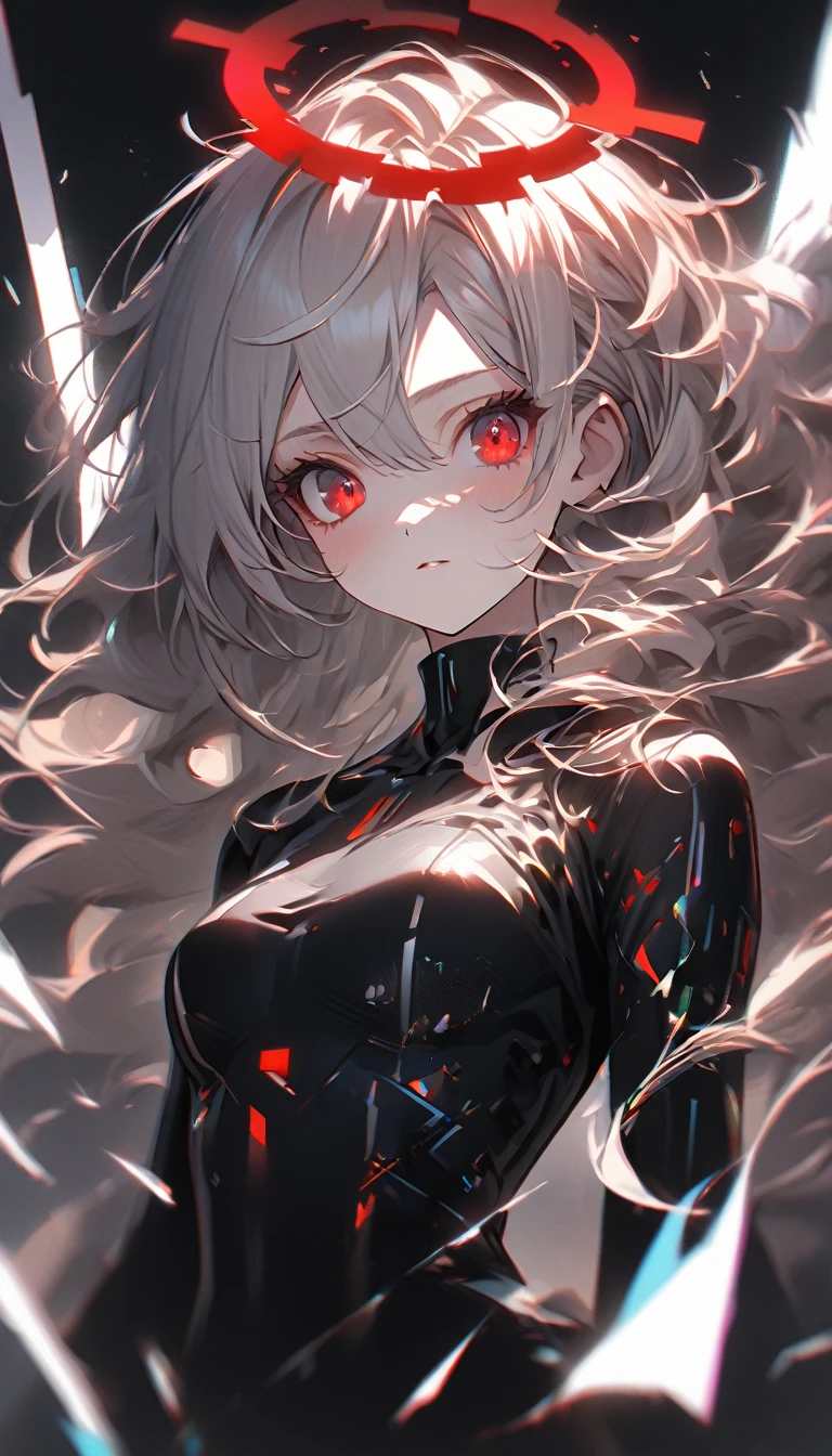 1girl, white hair, wild hair, red eyes, (white eyelashes:1.2), emotionless, red glow halo, (chromatic aberration:1.2), solo, digital dissolve, black bodysuit, 20 years old, mature, arrogant expression, black background, look at viewer