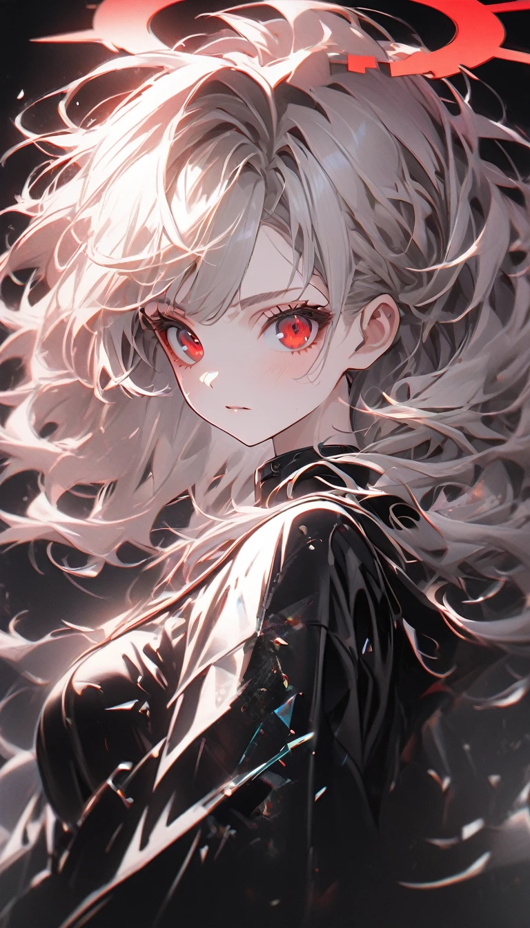 1girl, white hair, wild hair, red eyes, (white eyelashes:1.2), emotionless, red glow halo, (chromatic aberration:1.2), solo, digital dissolve, black bodysuit, 20 years old, mature, arrogant expression, black background, look at viewer 