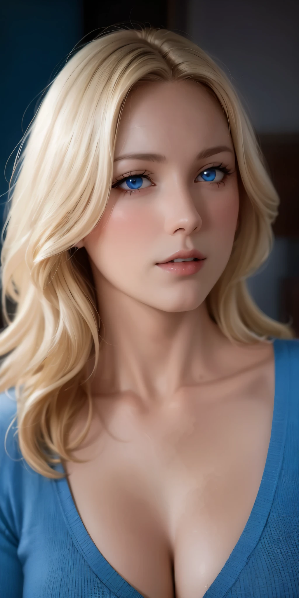 Elegant mature female, blue eyes, blonde hair, soft light, 4k resolution, high quality, beautiful cg